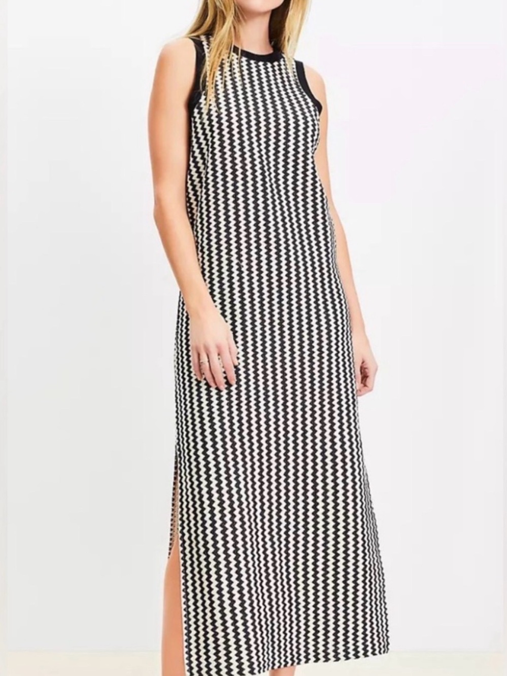 LOFT Black and White Zigzag Sleeveless Midi Dress